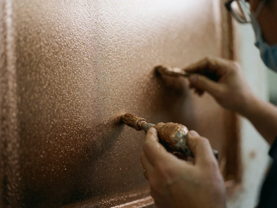Close-up of hands using a brush to apply glossy metallic paint, showing detailed texture and light reflections on a blurred background.