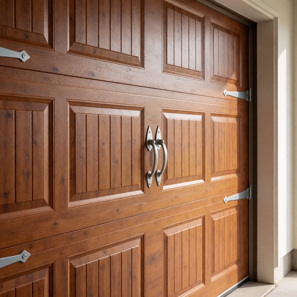 Close-up of a wooden garage door with metal hardware, highlighting its texture and finish for business use