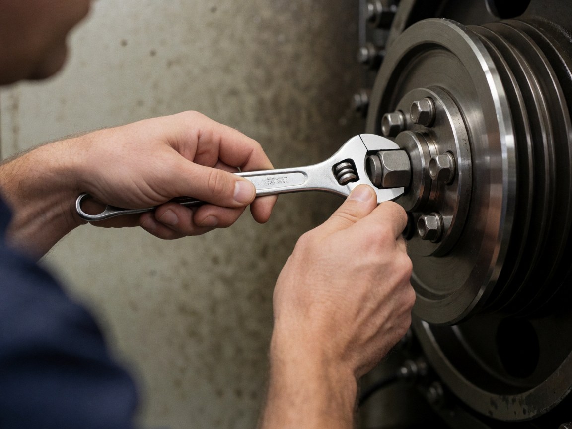 Close-up of a technician using a wrench to tighten a bolt on a metal elevator pulley against a blurred industrial wall background.