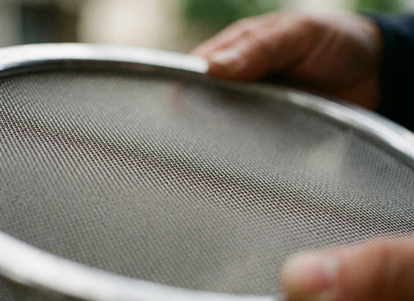 Hands holding a shiny stainless steel dishwasher filter with fine mesh against a blurred background, highlighting the metal texture and reflective surface.
