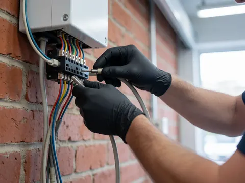 Close-up of gloved hands connecting colorful wires to an electrical terminal on a red brick wall under bright professional lighting