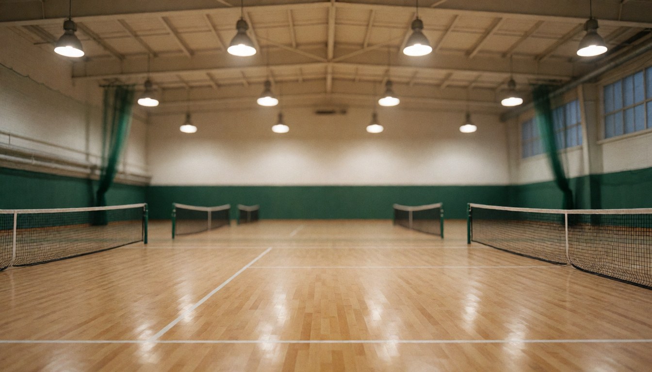 Empty indoor tennis courts featuring polished wood floors, nets, and hanging lights, ideal for text overlay