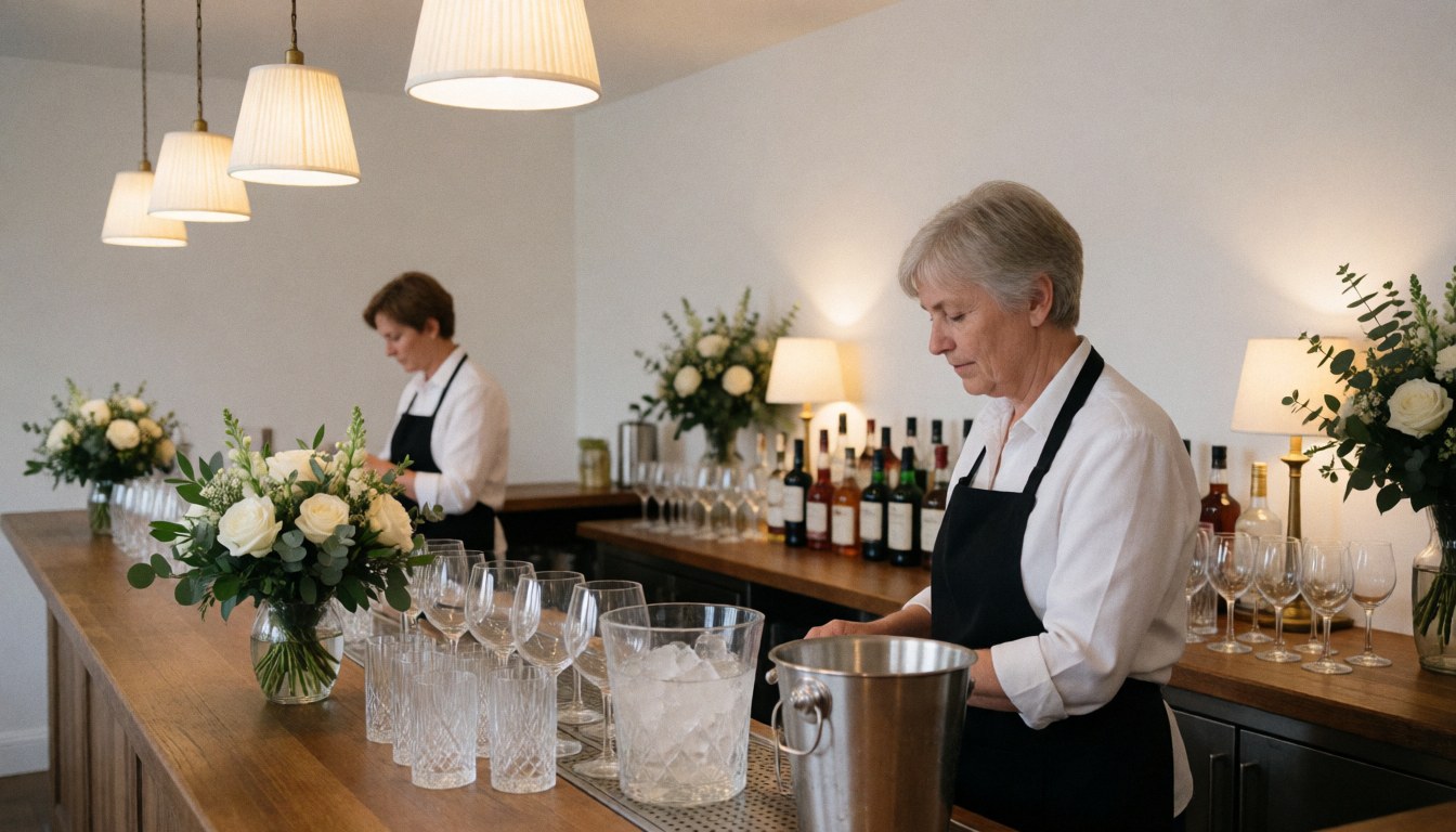 Cocktail bar decorated with flowers and glassware, illuminated by hanging lamps, with staff working in the background