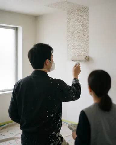 A painter in dark uniform and mask applies wall texture with a roller while another person watches from behind.