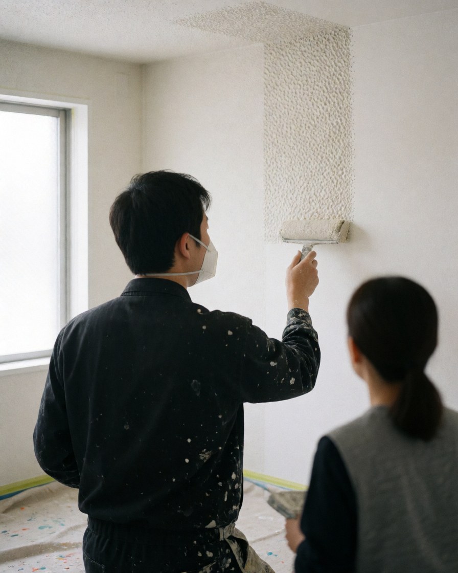 A painter in dark uniform and mask applies wall texture with a roller while another person watches from behind.