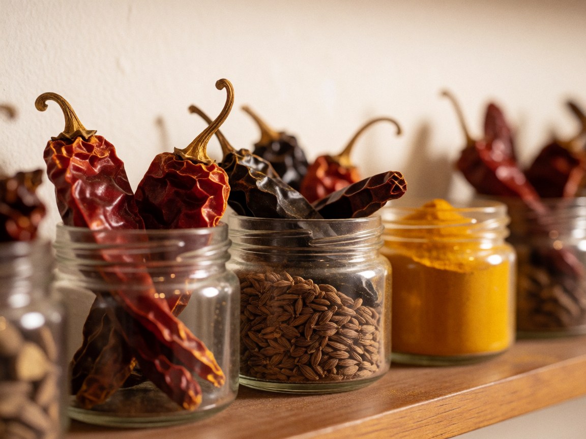 Glass jars filled with dried chiles, anise seeds, and turmeric powder on a wooden shelf with warm lighting