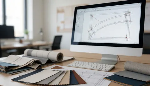 Computer screen displaying awning design with fabric samples for color and texture selection