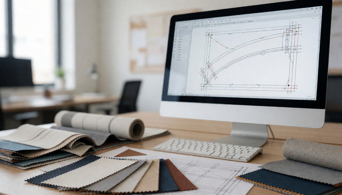Computer screen displaying awning design with fabric samples for color and texture selection