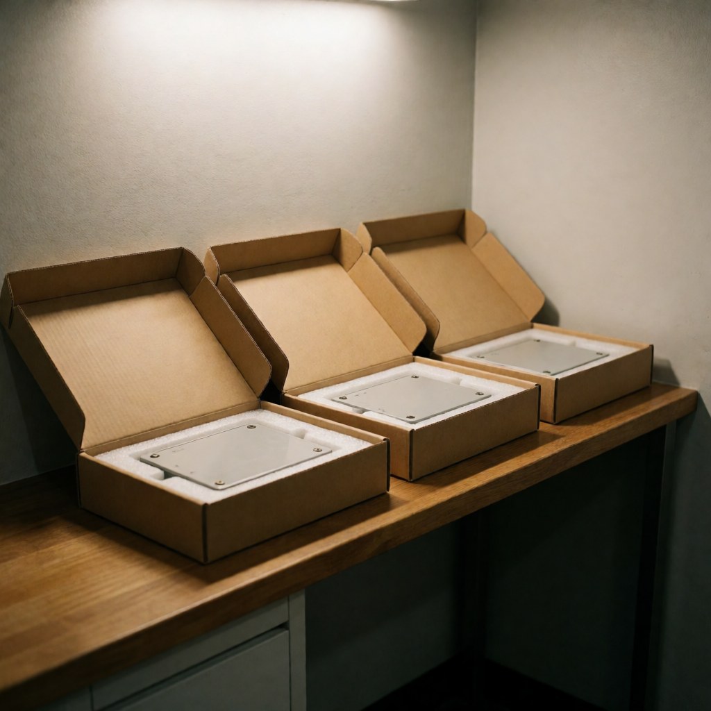 Three open cardboard boxes containing control panels and foam insulation placed on a wooden table in a technical setting with light gray walls and warm lighting.