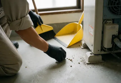 Technician wearing black gloves sweeping dust from concrete near a heating unit using yellow tools with natural light from a window