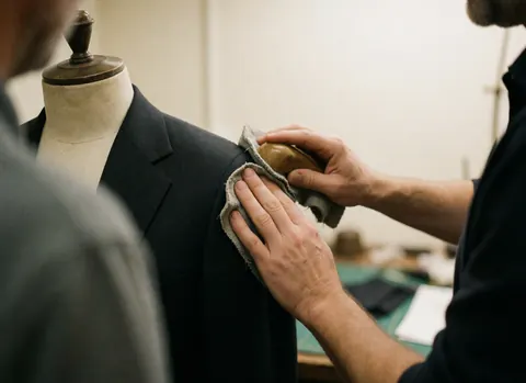 Close-up of a tailor using a pressing tool and fabric to shape the shoulder of a dark wool jacket on a dress form in a workshop.