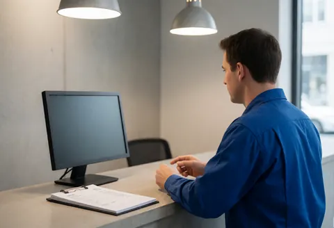 Technician explaining repair costs to a client at a modern office counter with a computer and invoice.