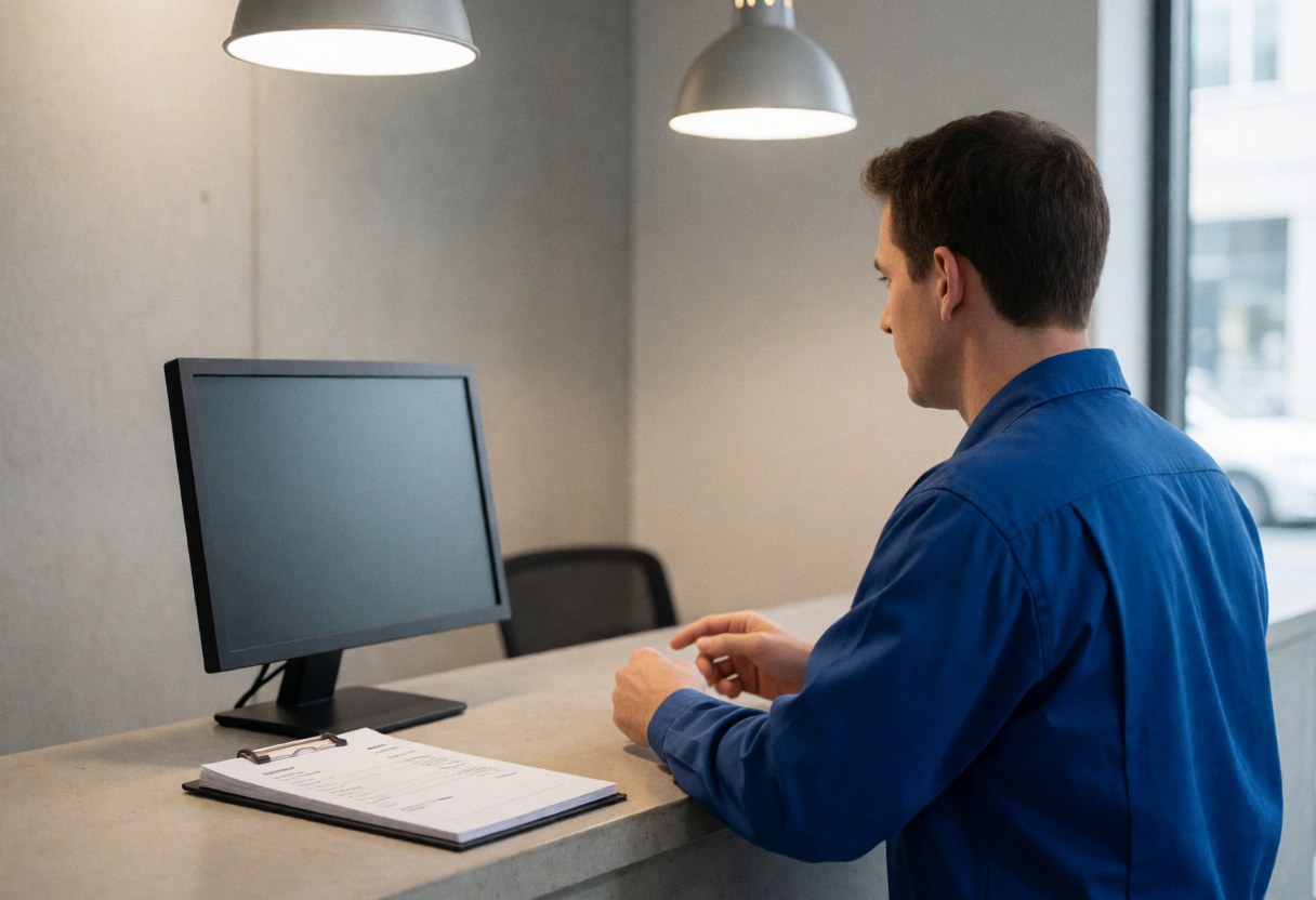 Technician explaining repair costs to a client at a modern office counter with a computer and invoice.
