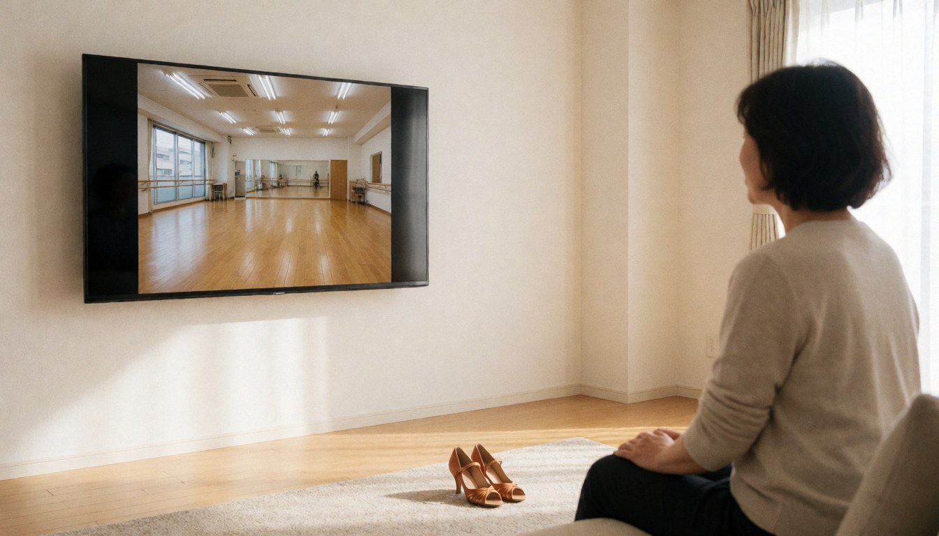 A woman seated watches a tango class on a large TV screen with dance shoes on the floor in a bright living room