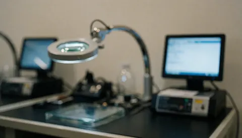 Close-up of a magnifying glass resting on a dark diagnostic table surrounded by computer monitors and repair tools with a blurred background suitable for text overlay