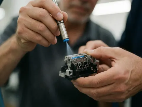 Close-up of a technician using blue cleaning fluid on a printer print head, showing metallic details and droplets against a blurred background