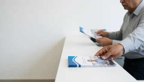 A technician's hand places a brochure on a white counter, leaving clean space for text in a professional setting