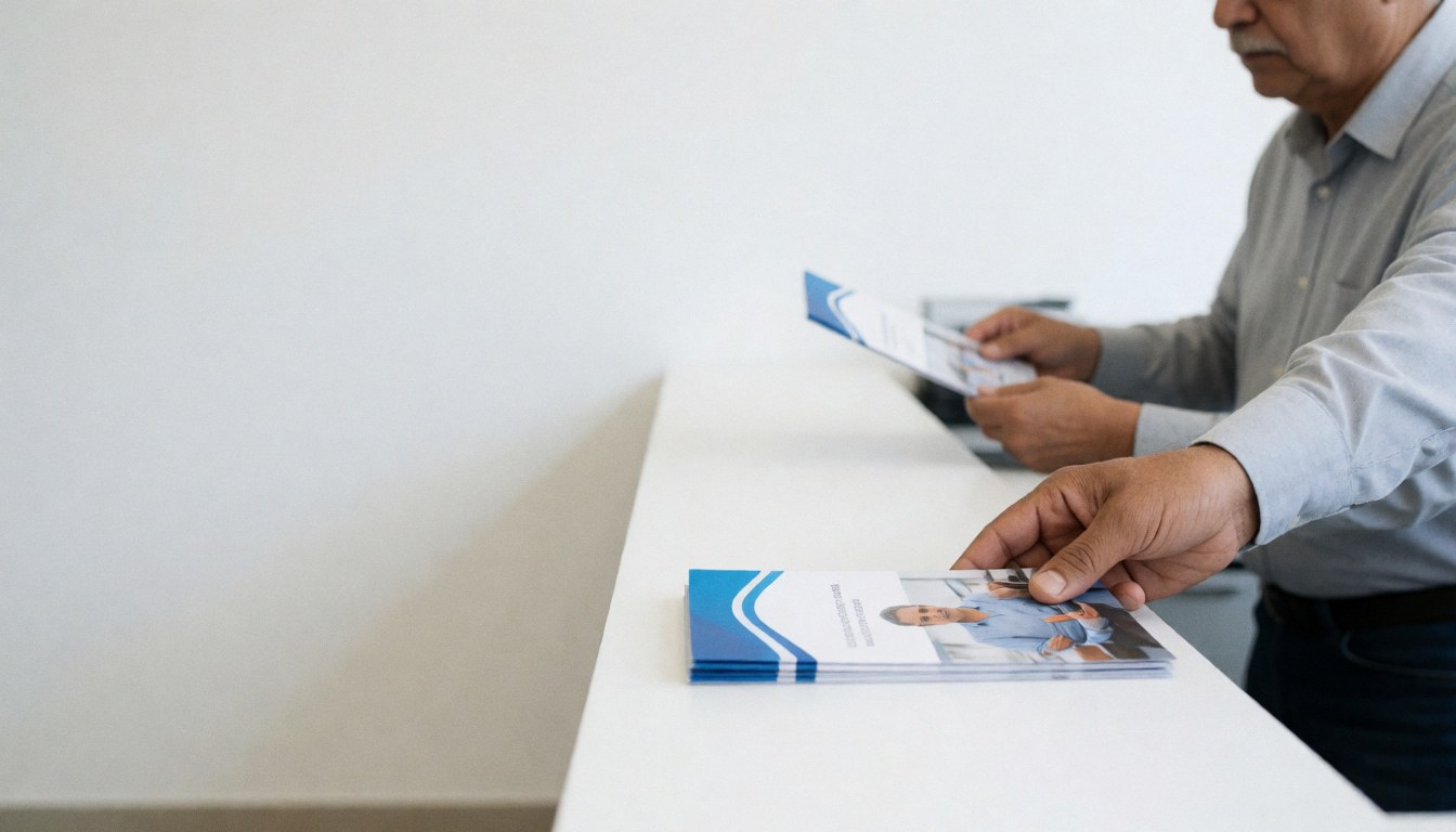 A technician's hand places a brochure on a white counter, leaving clean space for text in a professional setting