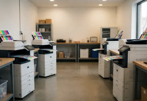 Three office printers printing color calibration pages in a test room with concrete floors, work tables, and warm lighting.