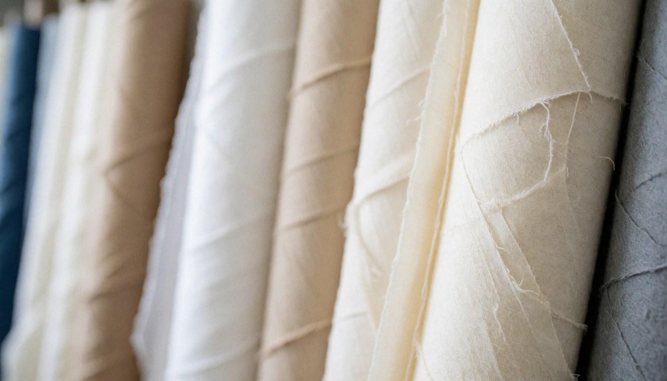 Stacks of neutral colored fabric rolls stored in a warehouse, providing a soft textured background suitable for upholstery business materials.