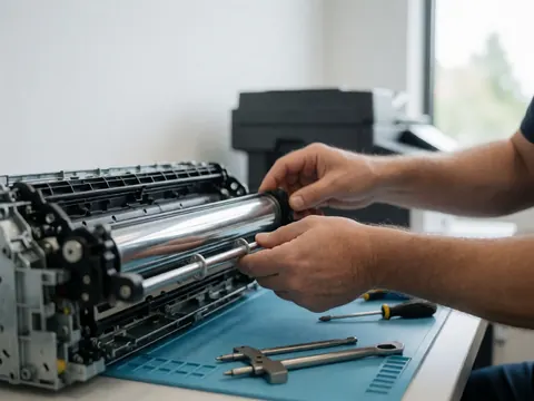 Close-up of technician replacing printer fuser roller with tools on anti-static mat and blurred office background