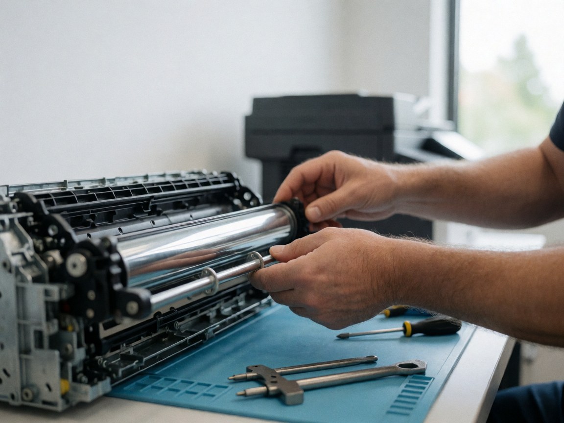 Close-up of technician replacing printer fuser roller with tools on anti-static mat and blurred office background