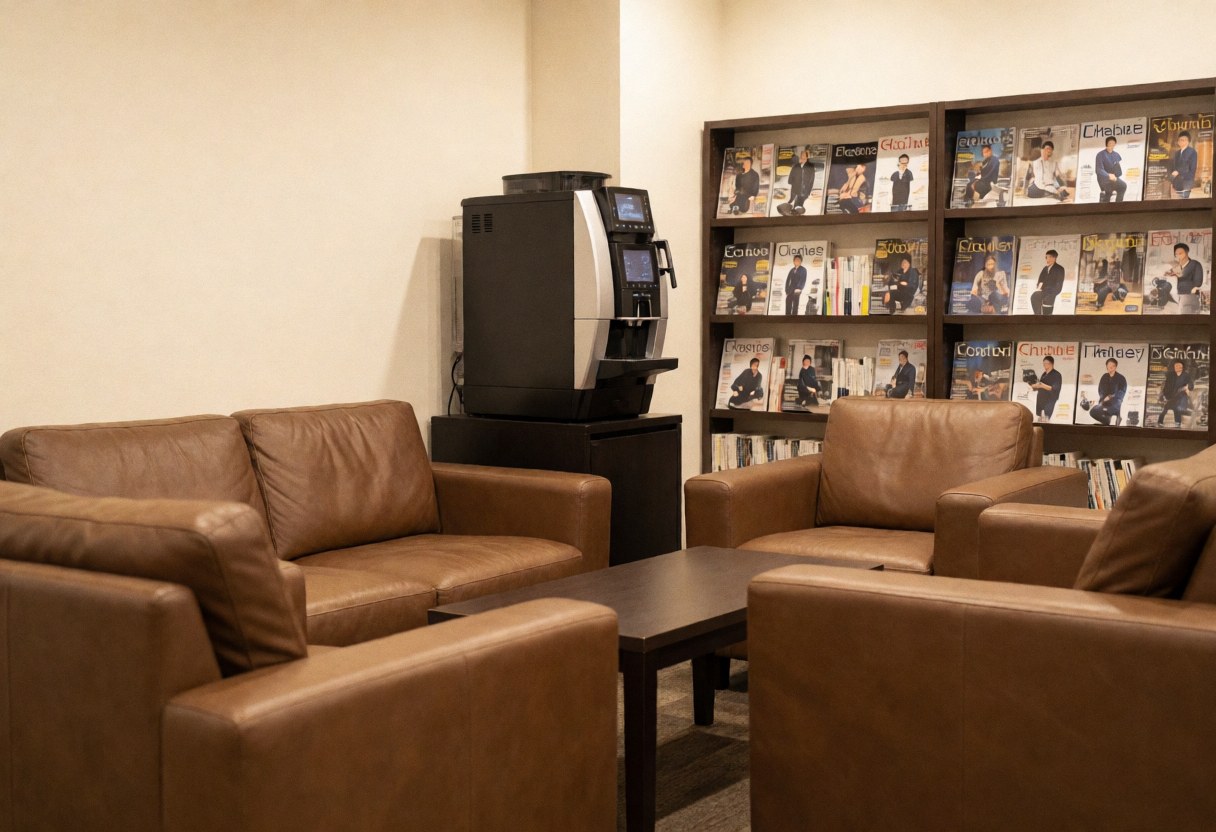 Lounge area featuring brown leather sofas, a coffee table, and a shelf stocked with photography magazines for photographers to relax.