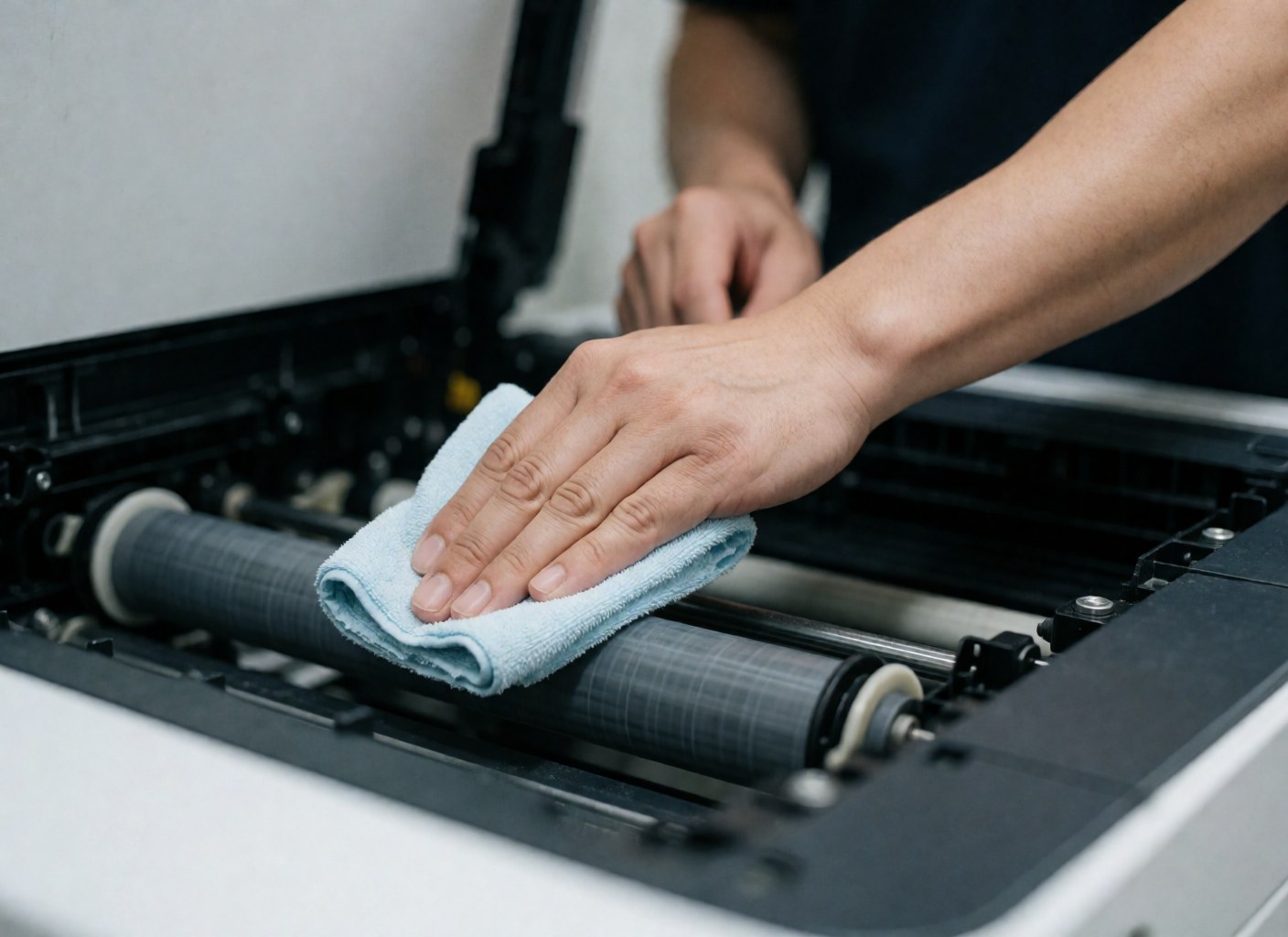 Close-up of a hand wiping a printer roller with a cloth, blurred office background