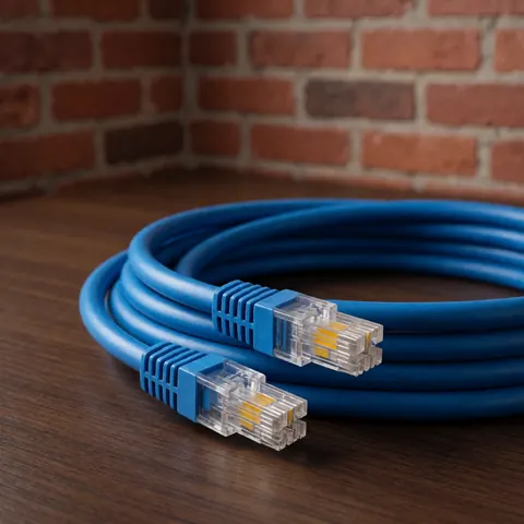 Blue cat6 ethernet cable with transparent rj45 connectors lying on a dark wooden table with a red brick wall background