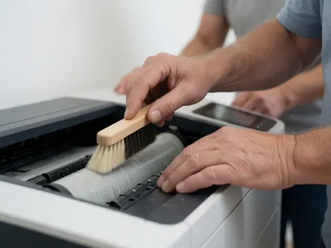 Close-up of a hand using a soft brush to clean a printer roller against a bright white background with blurred details.
