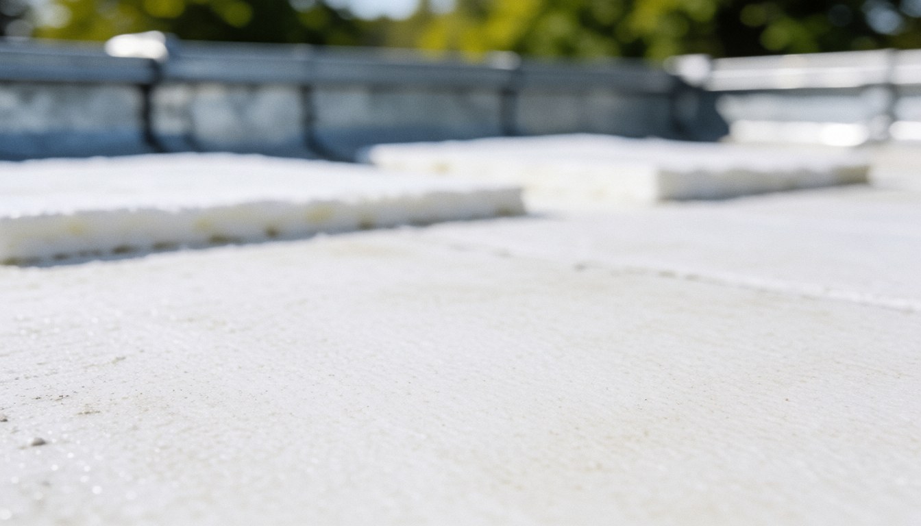 White thermal insulation material on a roof surface with blurred metallic edges, providing a professional background for energy efficiency and construction service text.