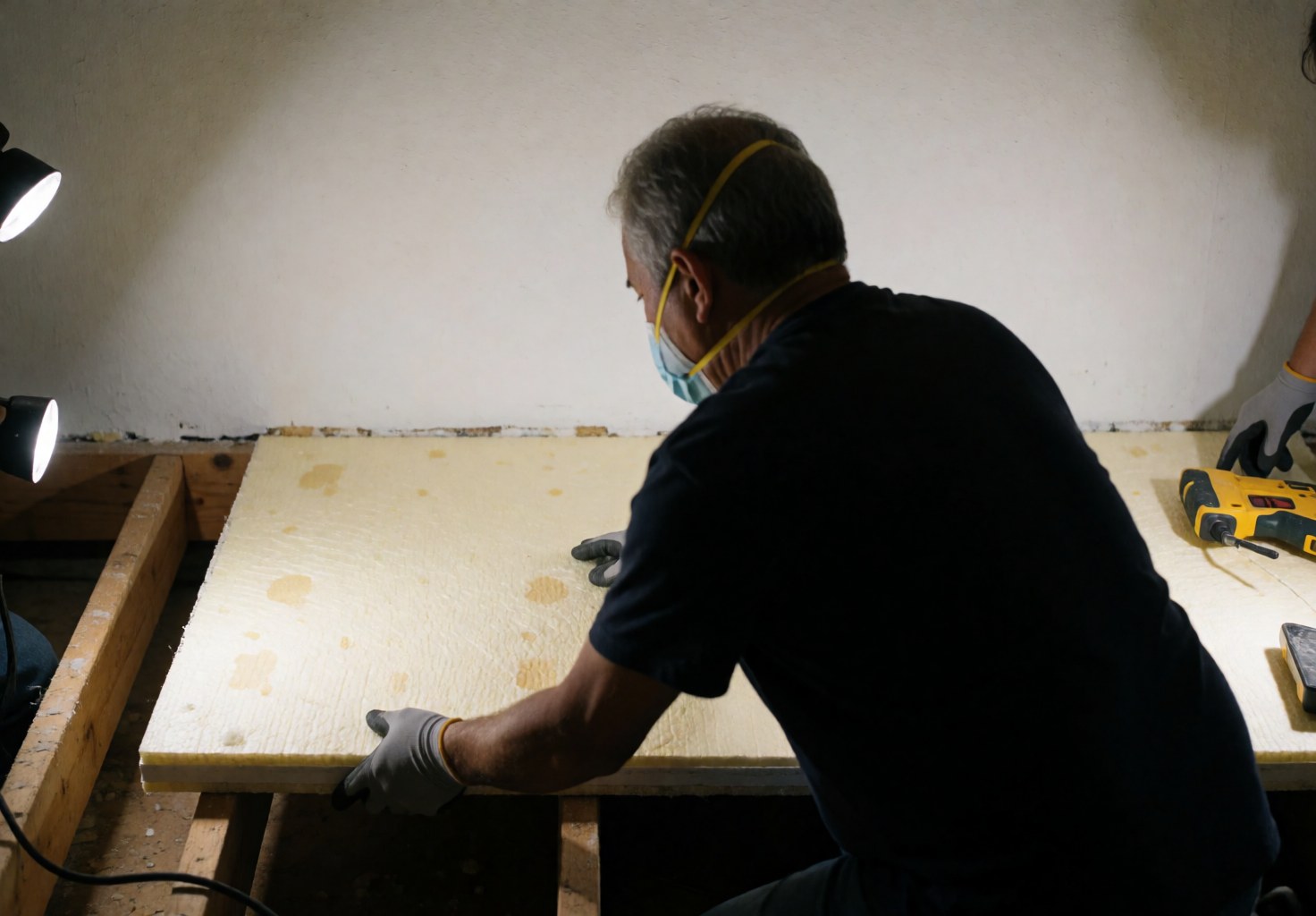 Worker installing thermal insulation panels on a residential roof with visible tools, wood, and work lights