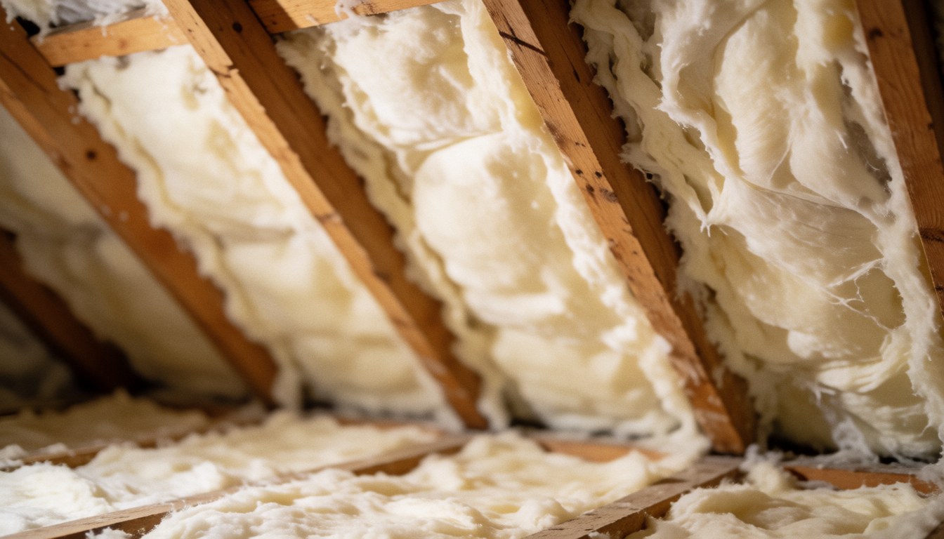 White thermal insulation installed between exposed wooden ceiling beams with warm natural lighting, suitable for construction text backgrounds