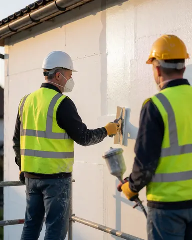 Two technicians in safety gear apply white thermal insulation to exterior wall panels using tools during sunset.
