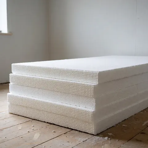 Stacked white thermal insulation boards on a dusty wooden floor in a construction room with gray walls and natural light