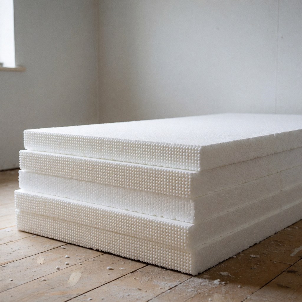 Stacked white thermal insulation boards on a dusty wooden floor in a construction room with gray walls and natural light