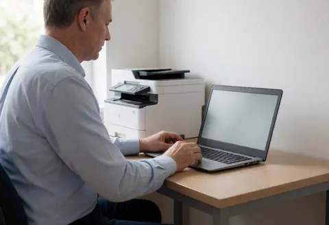 Technician working on a laptop with a multifunction printer in the background of a bright, professional office.