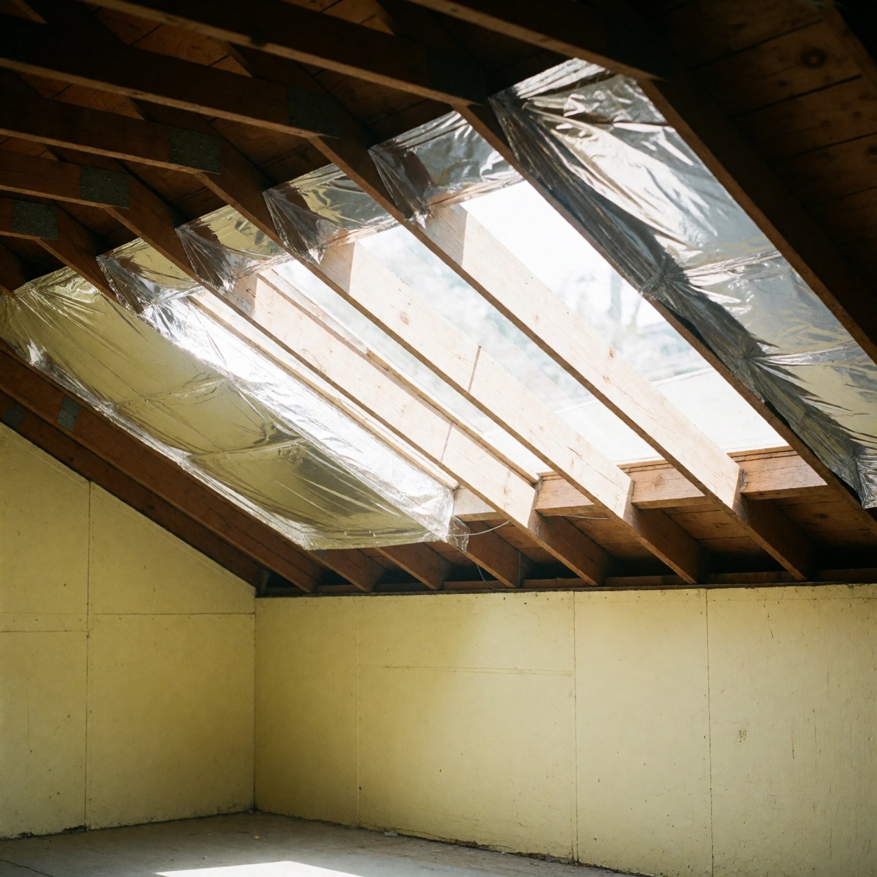 Reflective barrier installed on attic roof with wooden beams and yellow walls illuminated by direct sunlight