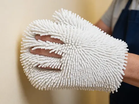 Close-up of an adult hand gripping a white microfiber car wash mitt against a soft beige wall background.