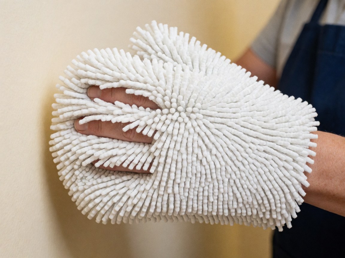 Close-up of an adult hand gripping a white microfiber car wash mitt against a soft beige wall background.