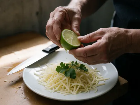 Adult hands squeezing fresh lime juice over grated cheese and cilantro on a white plate with a kitchen knife nearby on a wooden surface.
