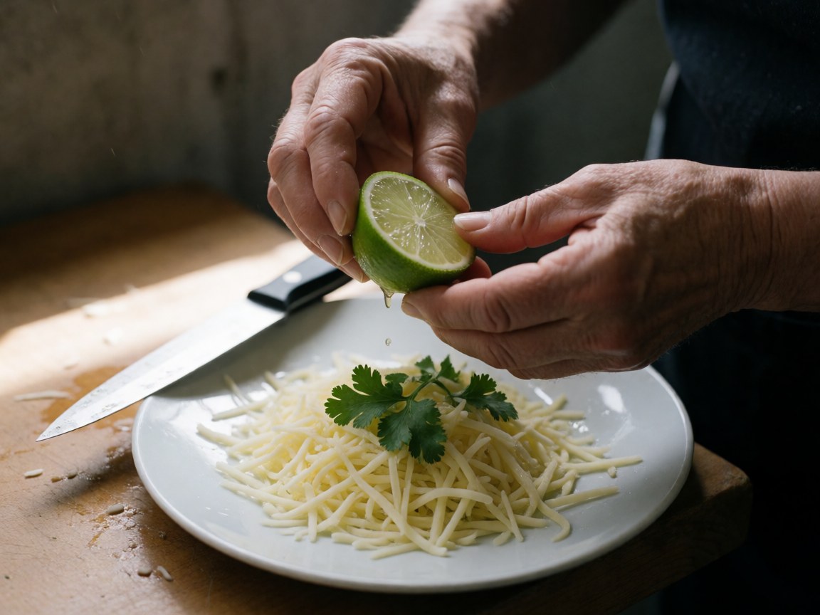 Adult hands squeezing fresh lime juice over grated cheese and cilantro on a white plate with a kitchen knife nearby on a wooden surface.