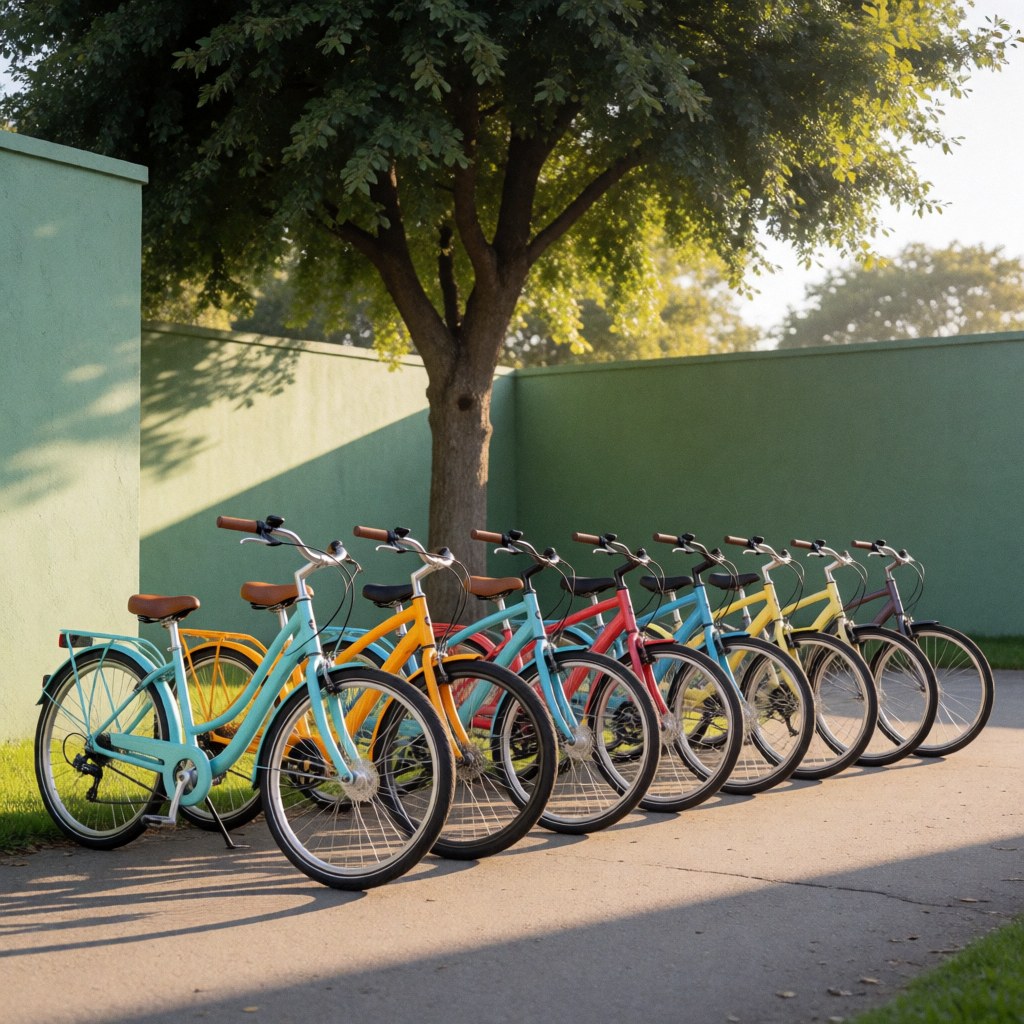 Colorful bicycles aligned under a large tree with a green wall, afternoon light, ready for a group ride