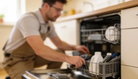 Technician in apron repairing dishwasher in kitchen with soft background and warm lighting