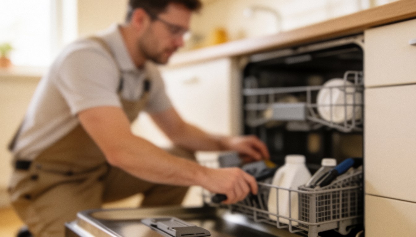 Technician in apron repairing dishwasher in kitchen with soft background and warm lighting