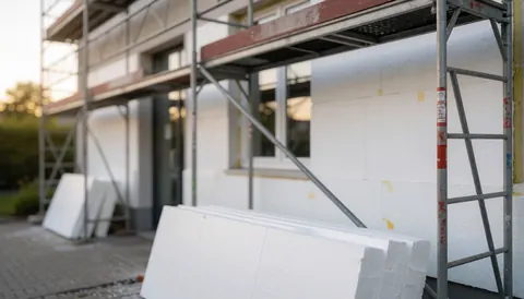 White thermal insulation on a building facade with metal scaffolding and soft sunset light, suitable as a text background