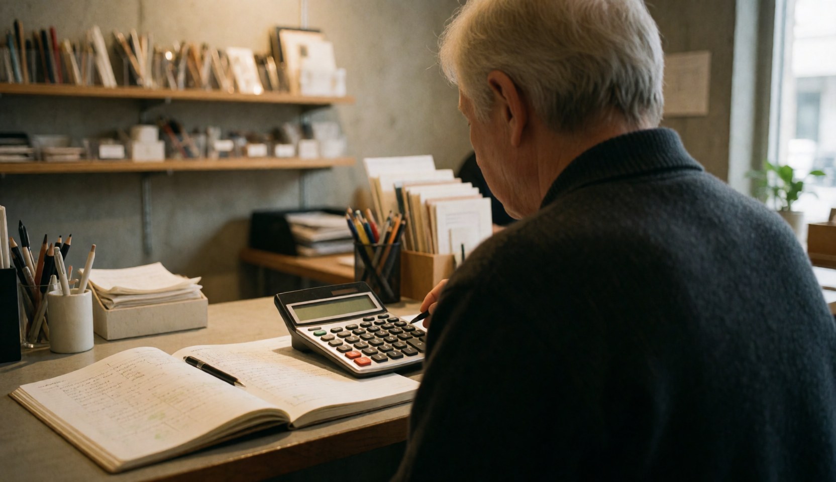 Senior man working at a desk with a calculator and open notebook in a stationery office with shelves in the background