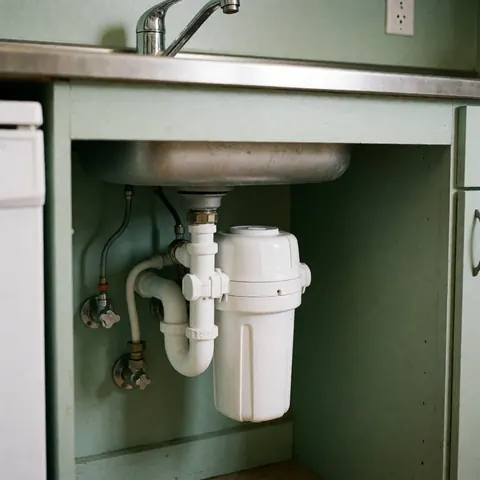 White under-sink water filter with connected pipes, green walls, and visible chrome faucet.