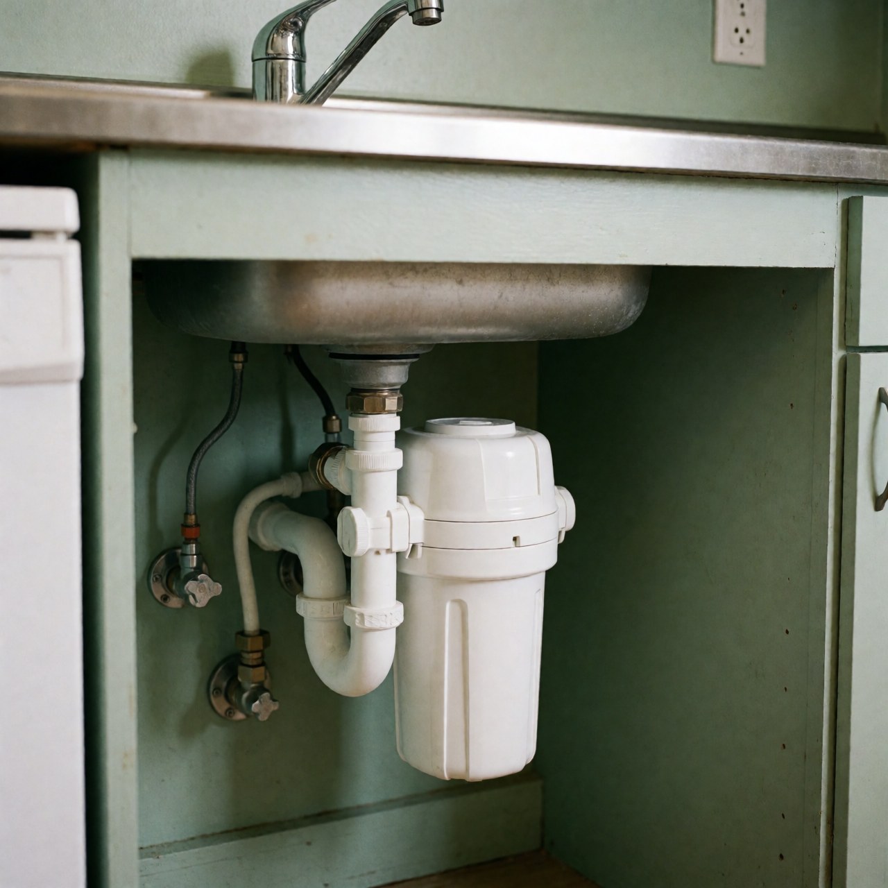 White under-sink water filter with connected pipes, green walls, and visible chrome faucet.