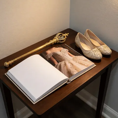 Open wedding album displaying a quinceanera dress, a golden scepter, and ornate shoes on a dark wooden table.